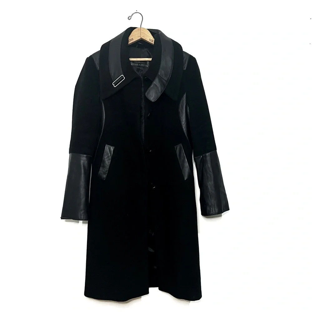 RUDSAK Black Wool Trench Coat with Leather Trim - Picture 6 of 6